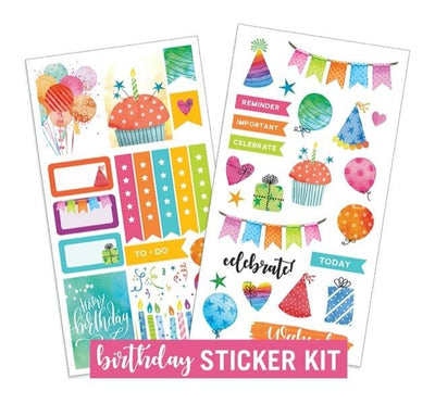 2 sheets of planner stickers featuring colorful birthday watercolor illustrations shown on white background.