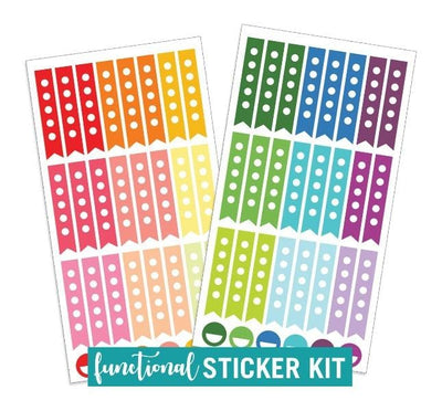 2 sheets of colorful functional checkboxes planner stickers shown on white background.