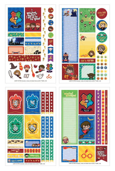 four sheets of planner stickers featuring harry potter chibi shown on white background.