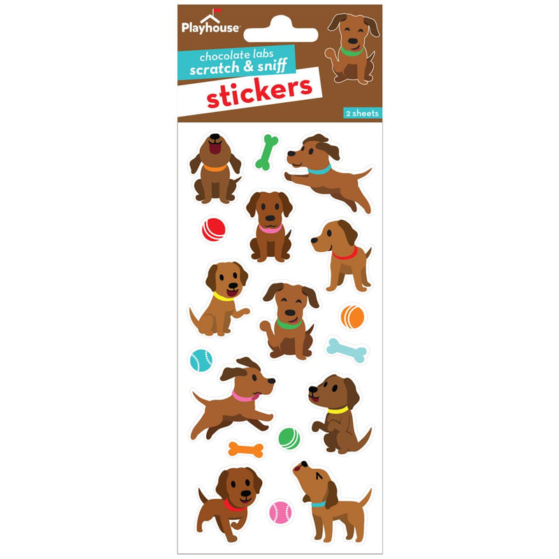 scratch and sniff stickers featuring illustrated brown puppies shown in packaging on white background.