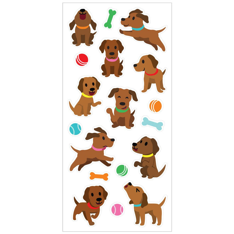 scratch and sniff stickers featuring illustrated brown puppies on white background.