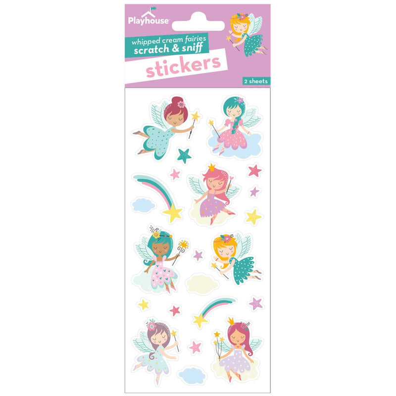 scratch and sniff stickers featuring illustrated pastel fairies and stars shown in package on white background.