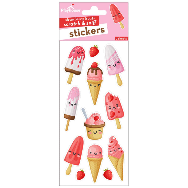 scratch and sniff stickers featuring illustrated strawberries and pink ice cream cones, shown in package on white background.