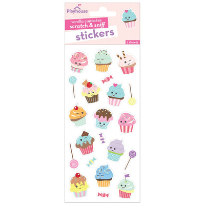scratch and sniff stickers featuring illustrated cupcakes and lollipops, shown in package on white background.