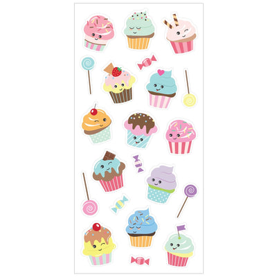 scratch and sniff stickers featuring illustrated cupcakes and lollipops, shown on white background.
