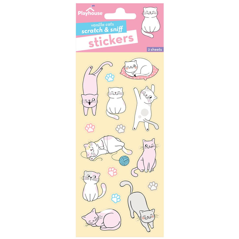 scratch and sniff stickers featuring illustrated kittens and paw prints shown in package on white background.