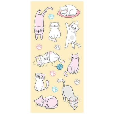scratch and sniff stickers featuring illustrated kittens and paw prints shown on white background.