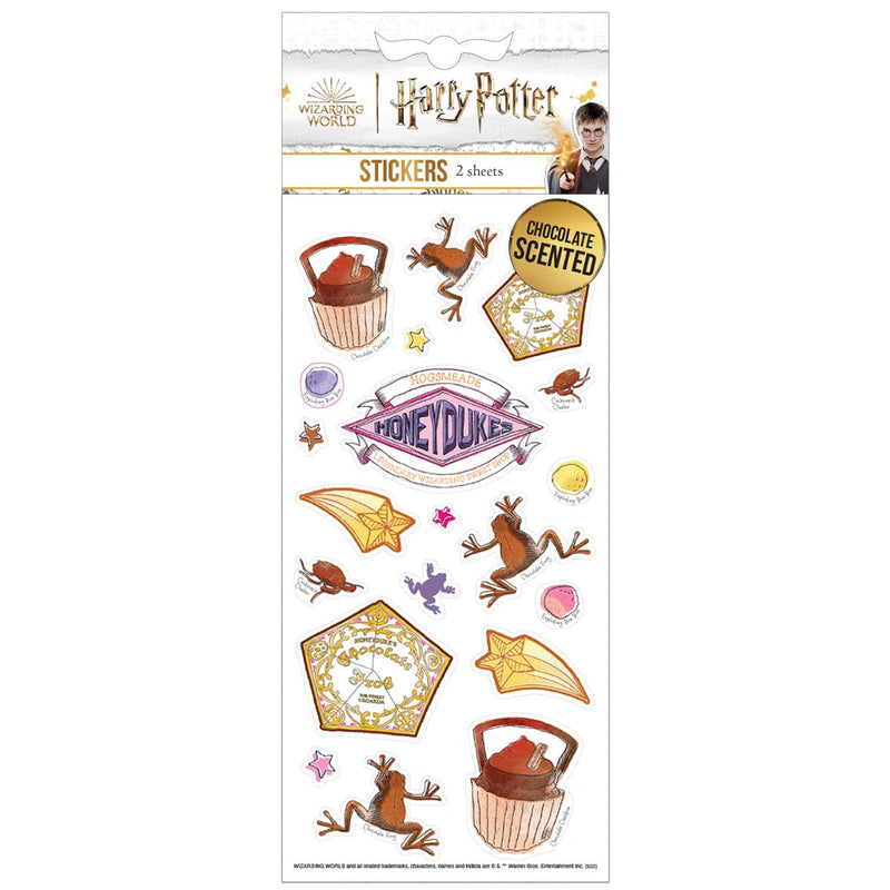 harry potter stickers featuring scratch and sniff chocolate scented stickers of illustrations from the HoneyDukes shop, shown in packaging on a white background.