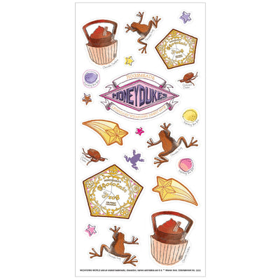 harry potter stickers featuring scratch and sniff chocolate scented stickers of illustrations from the HoneyDukes shop, shown on a white background.