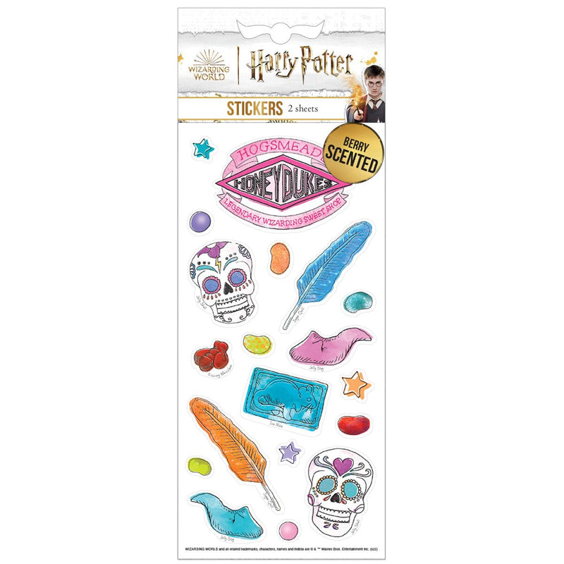 Harry Potter stickers featuring berry scented, scratch and sniff stickers of illustrations from Honeydukes, shown in packaging on white background.