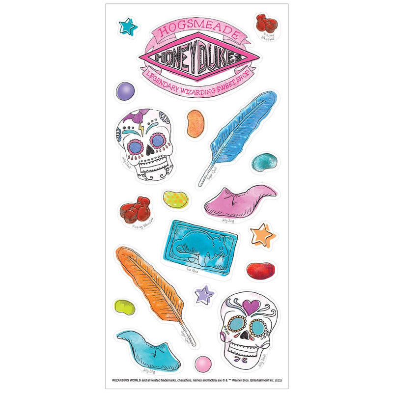 Harry Potter stickers featuring berry scented, scratch and sniff stickers of illustrations from Honeydukes, shown on white background.