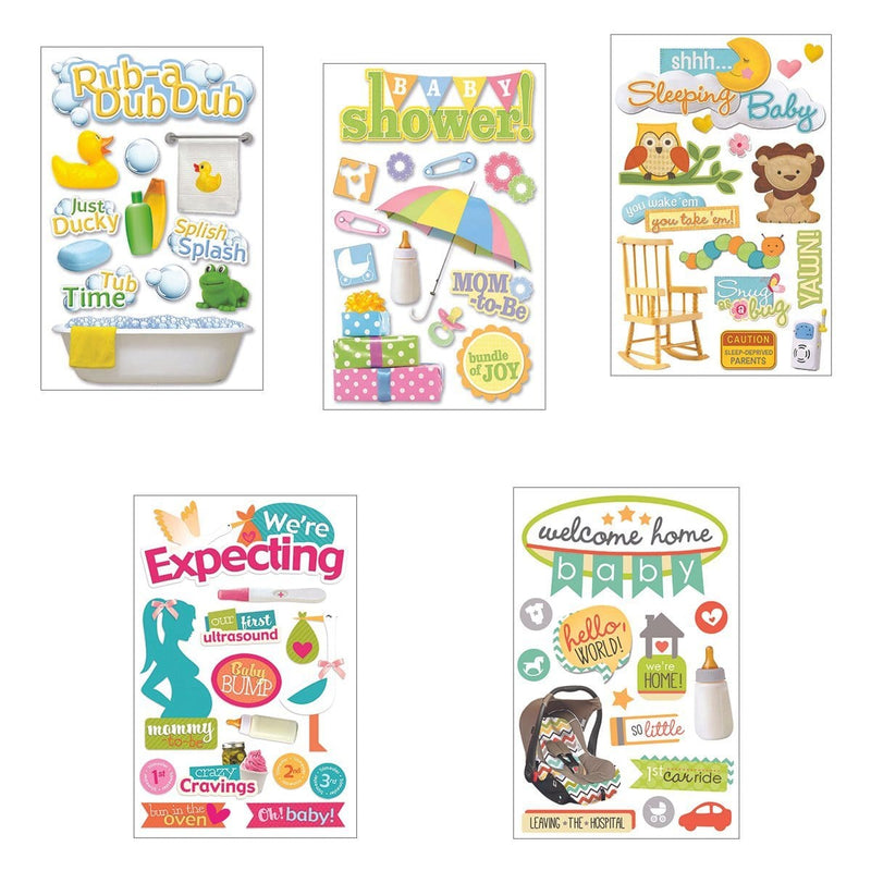 An assortment of baby themed scrapbook stickers featuring baby shower, bathtime, we&