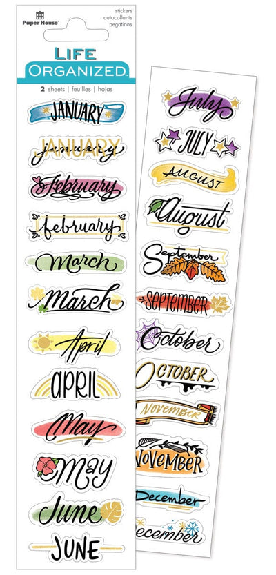 planner stickers featuring text for each month with colorful backgrounds and gold detail, shown in package overlapping another sheet on a white background.