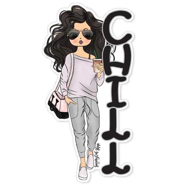 Shaped laptop sticker featuring an illustration of a brunette Lady D with the black letters CHILL stacked beside her.