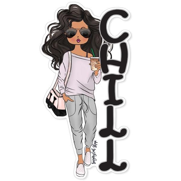 Shaped laptop sticker featuring an illustration of a brunette Lady D with the black letters CHILL stacked beside her.