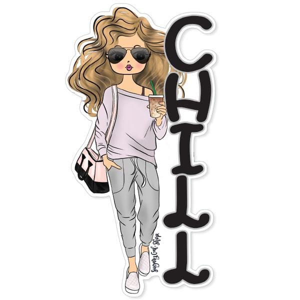 Shaped laptop sticker featuring an illustration of a blonde Lady D with the black letters CHILL stacked beside her.