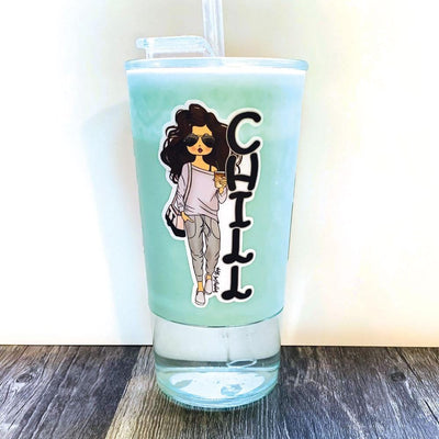 Shaped laptop sticker featuring an illustration of a red-headed Lady D with the black letters CHILL stacked beside her, shown on a clear drinking glass filled with blue liquid.