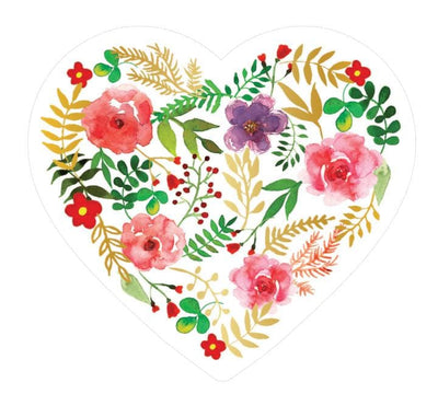 Heart shaped laptop sticker featuring watercolor floral illustrations with gold details.