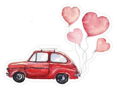Shaped laptop sticker featuring a red illustrated car towing pink heart-shaped balloons.