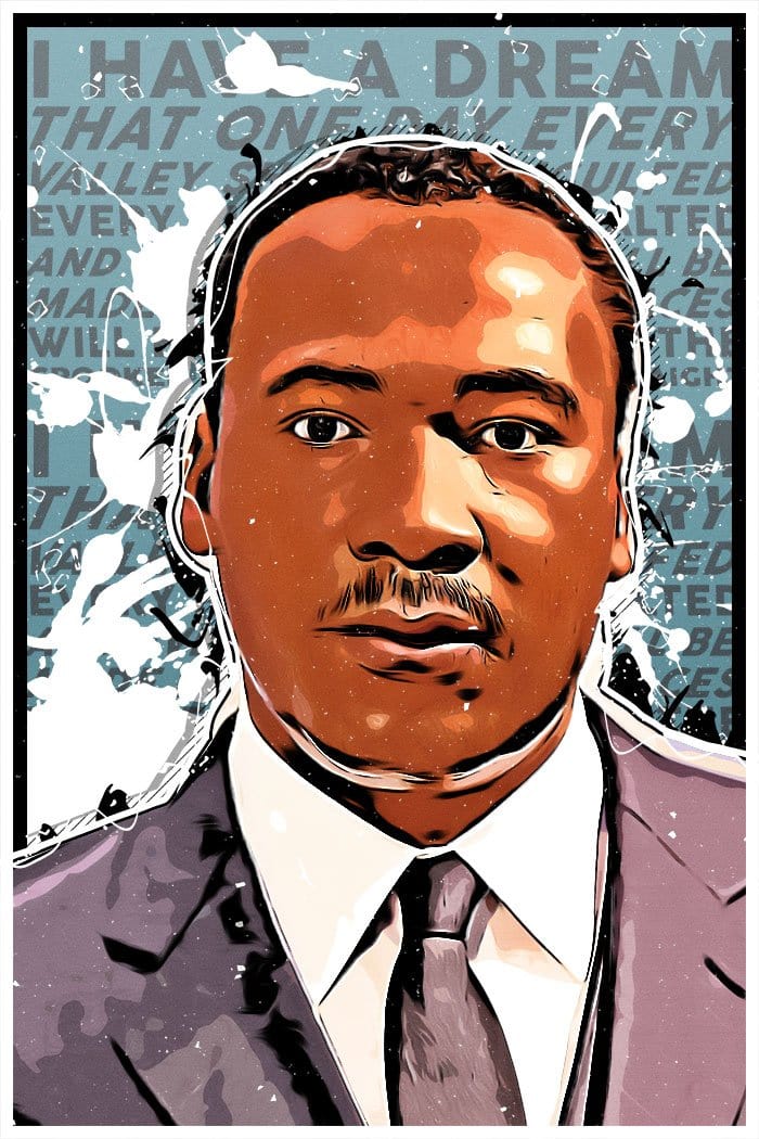 Rectangular shaped laptop sticker featuring an illustrated portrait of Martin Luther King Jr.