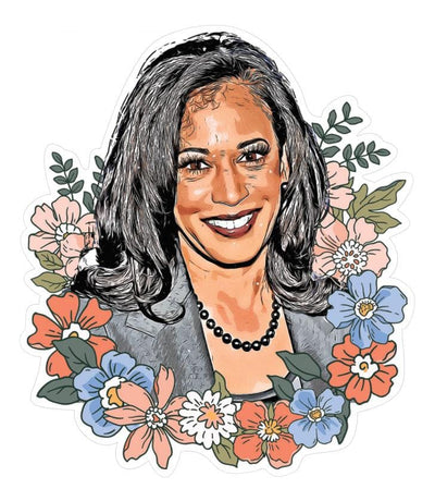 Shaped laptop sticker featuring an illustrated floral portrait of Kamala Harris.