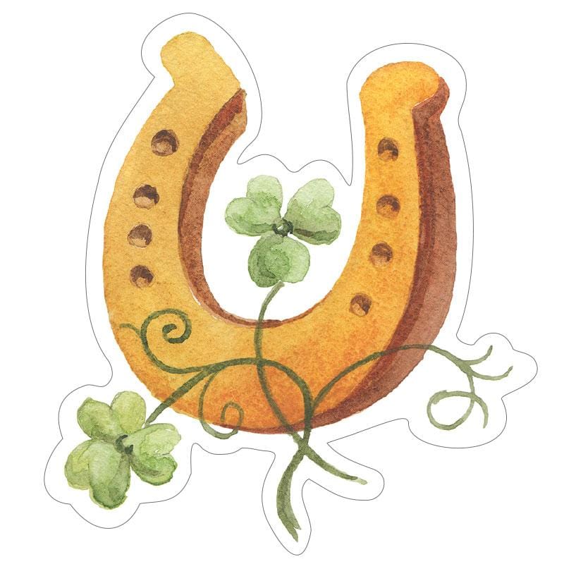 Shaped laptop sticker featuring an illustrated horseshoe adorned with green shamrocks.