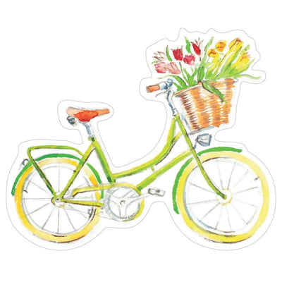Shaped laptop sticker featuring an illustrated bicycle with a basket full of spring flowers.