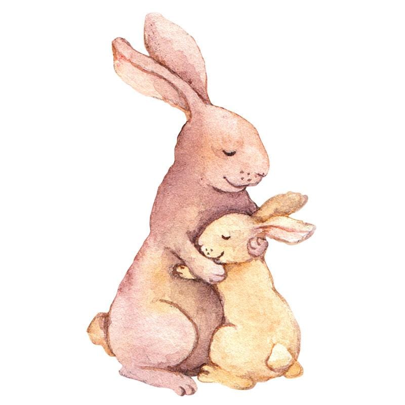 Shaped laptop sticker featuring an illustrated mama and baby bunny hugging eachother.