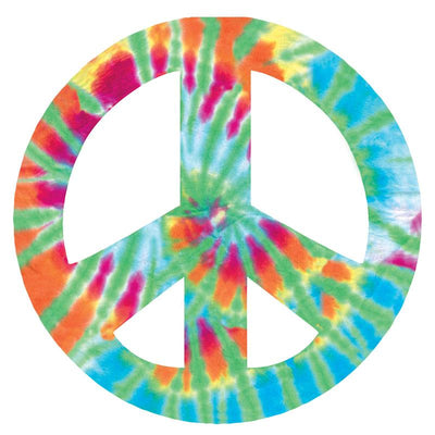 Shaped laptop sticker featuring a colorful, tie-dyed peace sign.