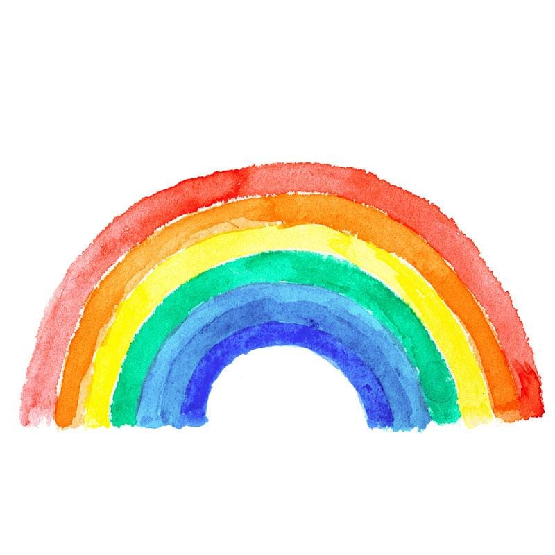 Shaped laptop sticker featuring a watercolor rainbow.