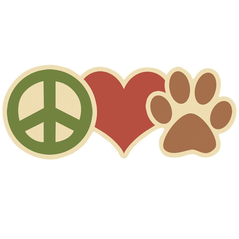 Shaped laptop sticker featuring a solid green peace sign, a solid red heart and a solid brown paw.