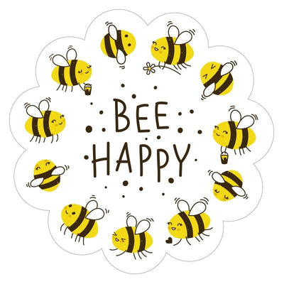 Shaped laptop sticker featuring illustrated yellow and black bees flying around the words "BEE HAPPY" on a white background.