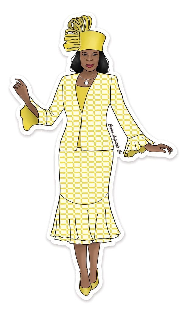 Shaped, laptop sticker featuring a woman of color wearing a yellow pattern dress and yellow hat