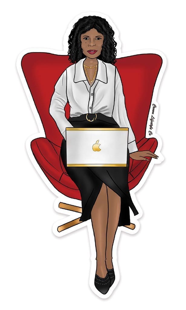 Shaped, laptop sticker featuring a woman of color sitting in a red chair with a laptop.