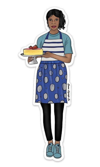 Shaped, laptop sticker featuring a woman of color dressed in a blue patterned apron, holding a cake on a cake plate.