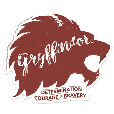 Shaped, laptop sticker featuring words Gryffindor,  determination, courage and bravery. Deep red on white.