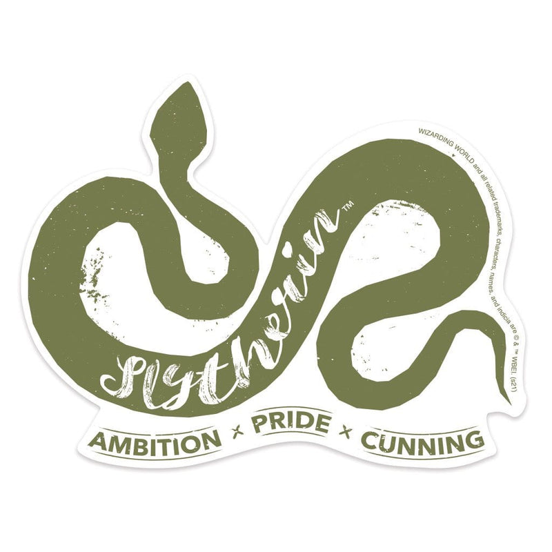 Shaped, laptop sticker featuring a green snake with the words Slytherin, ambition, pride, and cunning.