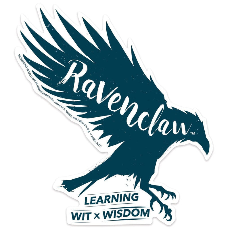 Shaped, vinyl sticker featuring a blue raven with the words Ravenclaw, learning, with and wisdom.