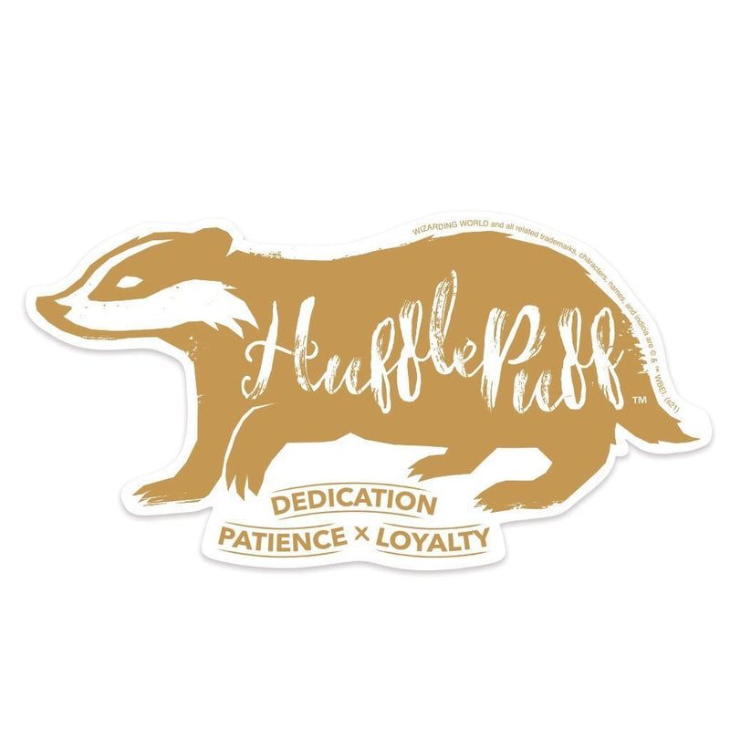 Shaped, vinyl sticker featuring a gold skunk with the words Hufflepuff, dedication, patience and loyalty.