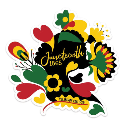 Shaped, laptop sticker featuring black, red, yellow and green hearts and florals with the words Juneteenth 1865 in yellow.