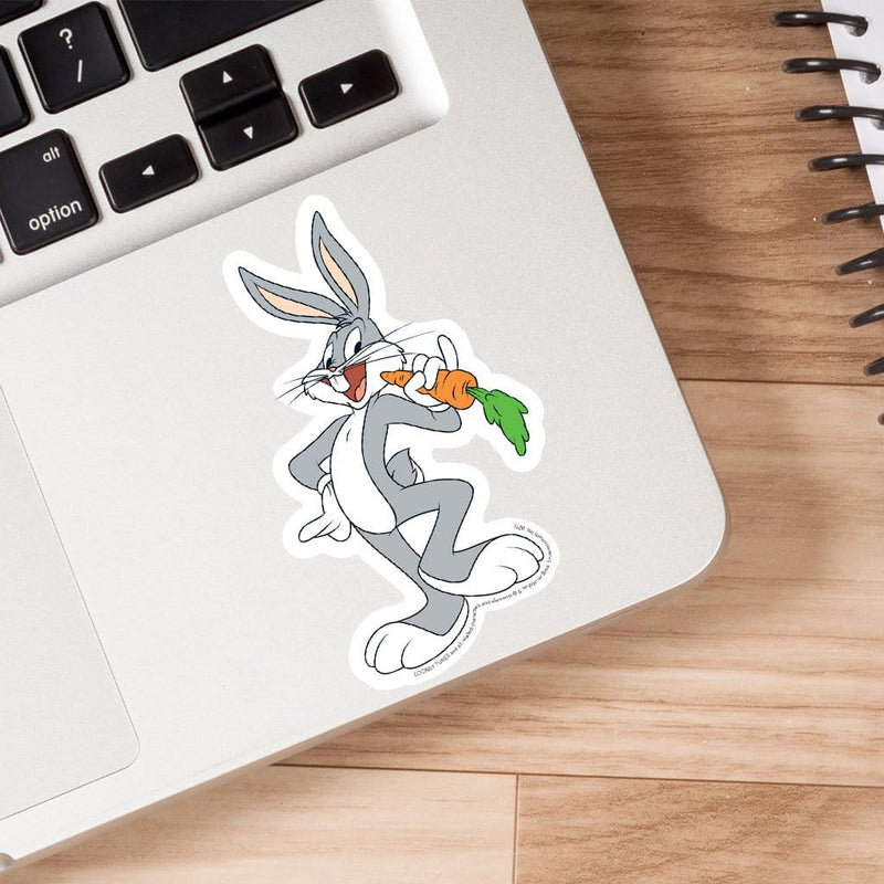Bugs Bunny vinyl laptop sticker shown adhered to a laptop.