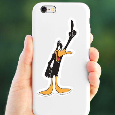 vinyl laptop sticker featuring a diecut Daffy Duck adhered to the back of a white iphone held in a hand.