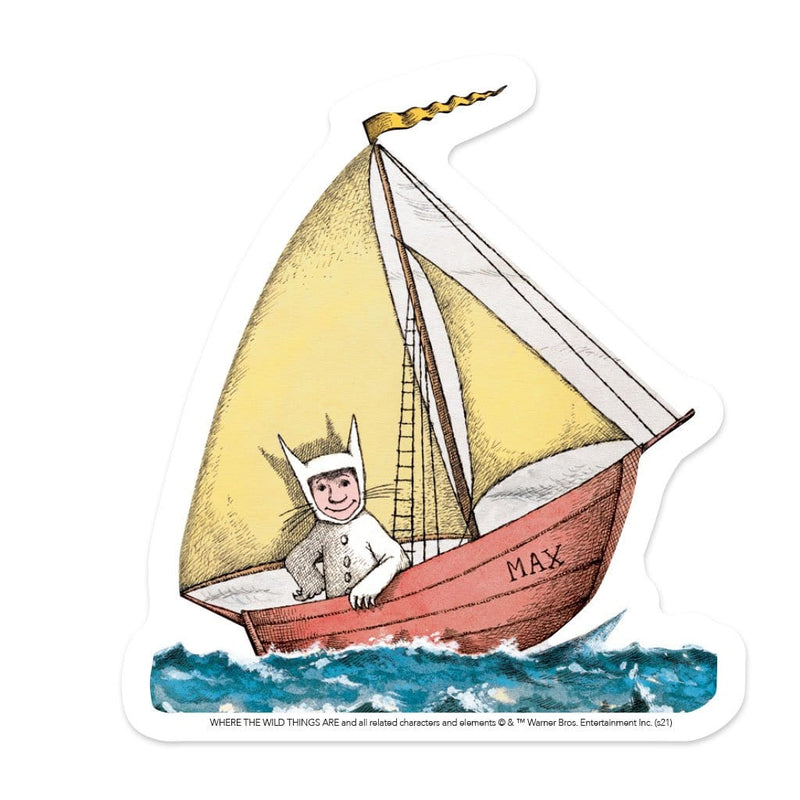 Where the Wild Things Are vinyl laptop sticker featuring a diecut Max in his sailboat illustration.