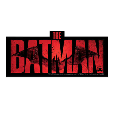 vinyl sticker featuring a black background with red Batman letters and a bat shown on a white background. 