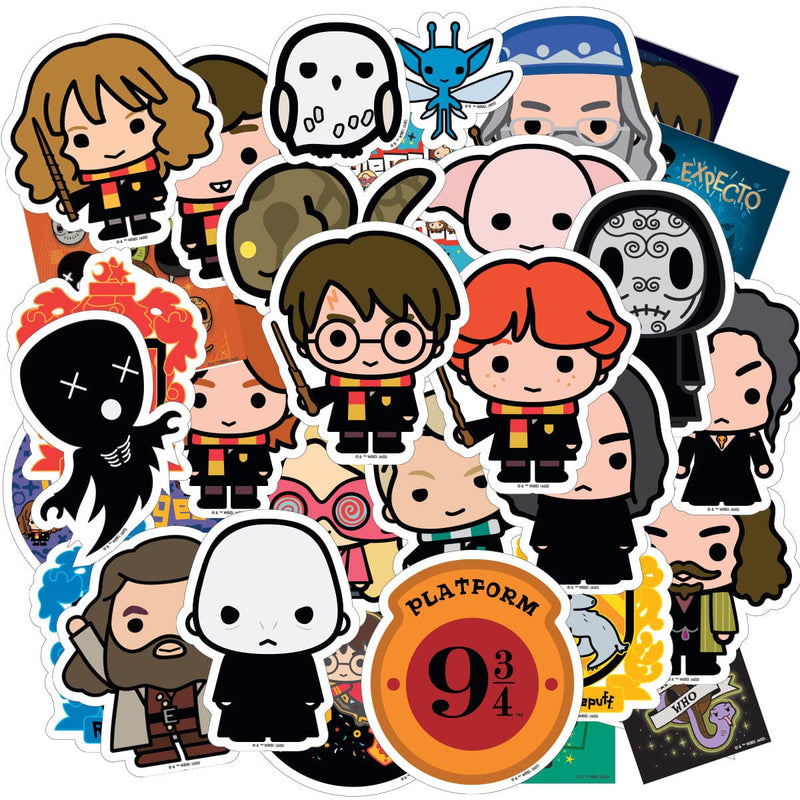 An assortment of colorful Harry Potter vinyl stickers featuring diecut Chibi harry potter characters and themes.