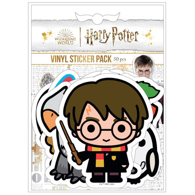 An assortment of colorful Harry Potter vinyl stickers featuring diecut Chibi harry potter characters and themes shown in packaging.