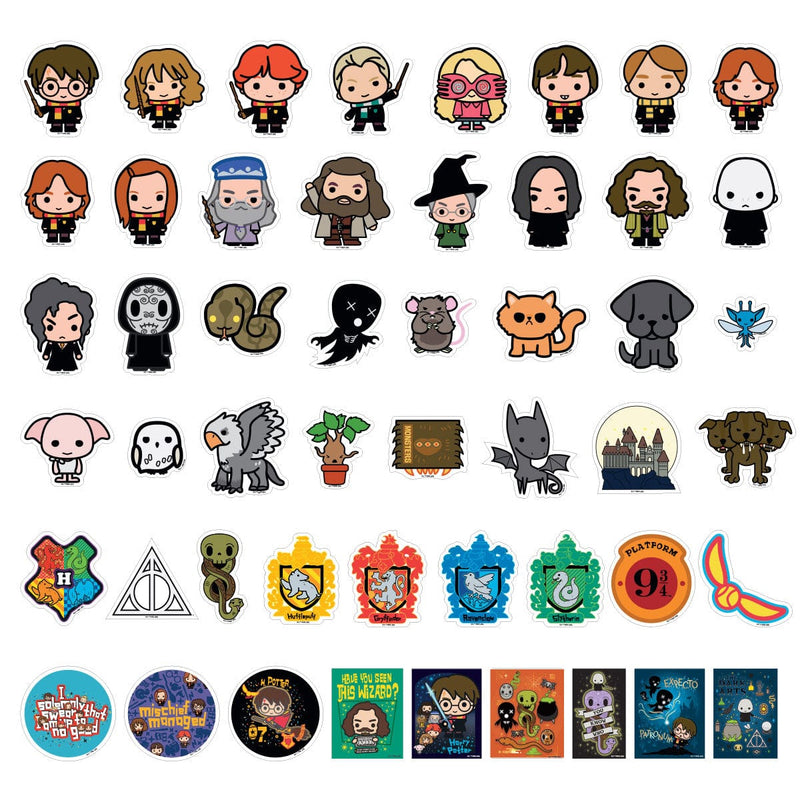 50 unique colorful Harry Potter vinyl stickers featuring diecut Chibi harry potter characters and themes shown on a white background.