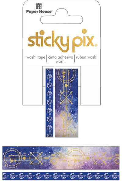washi tape set shown in package featuring a starry blue sky with gold accents on one roll and a white moon pattern on blue on the other roll.