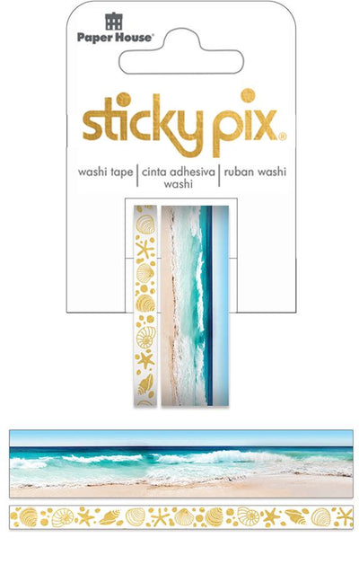 washi tape set shown in package featuring one roll of a photo real beach panorama and another roll of gold illustrated seashells, shown on white background.