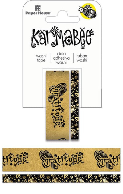 washi tape set shown in package featuring words of gratitude in gold and black, shown on white background.